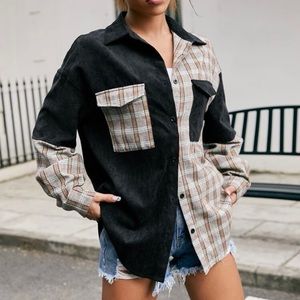 SHEIN Large plaid print drop shoulder oversized corduroy flannel shirt